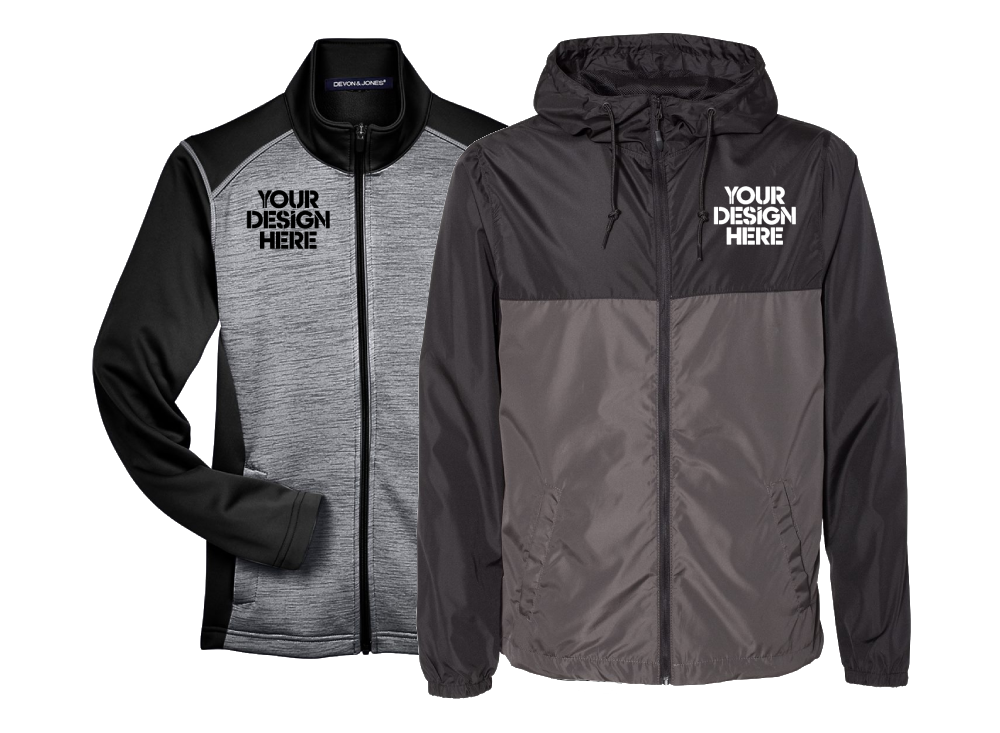 Two jackets with a custom your design here print