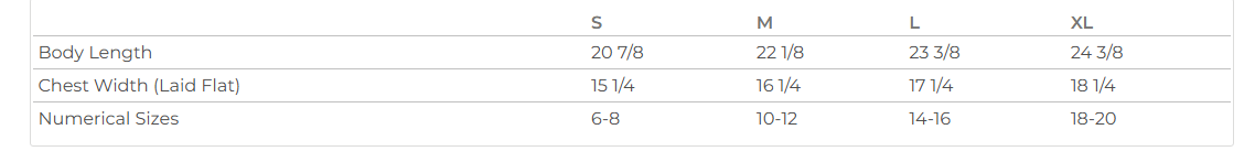 Size chart for Premium Youth Short Sleeve T-Shirt