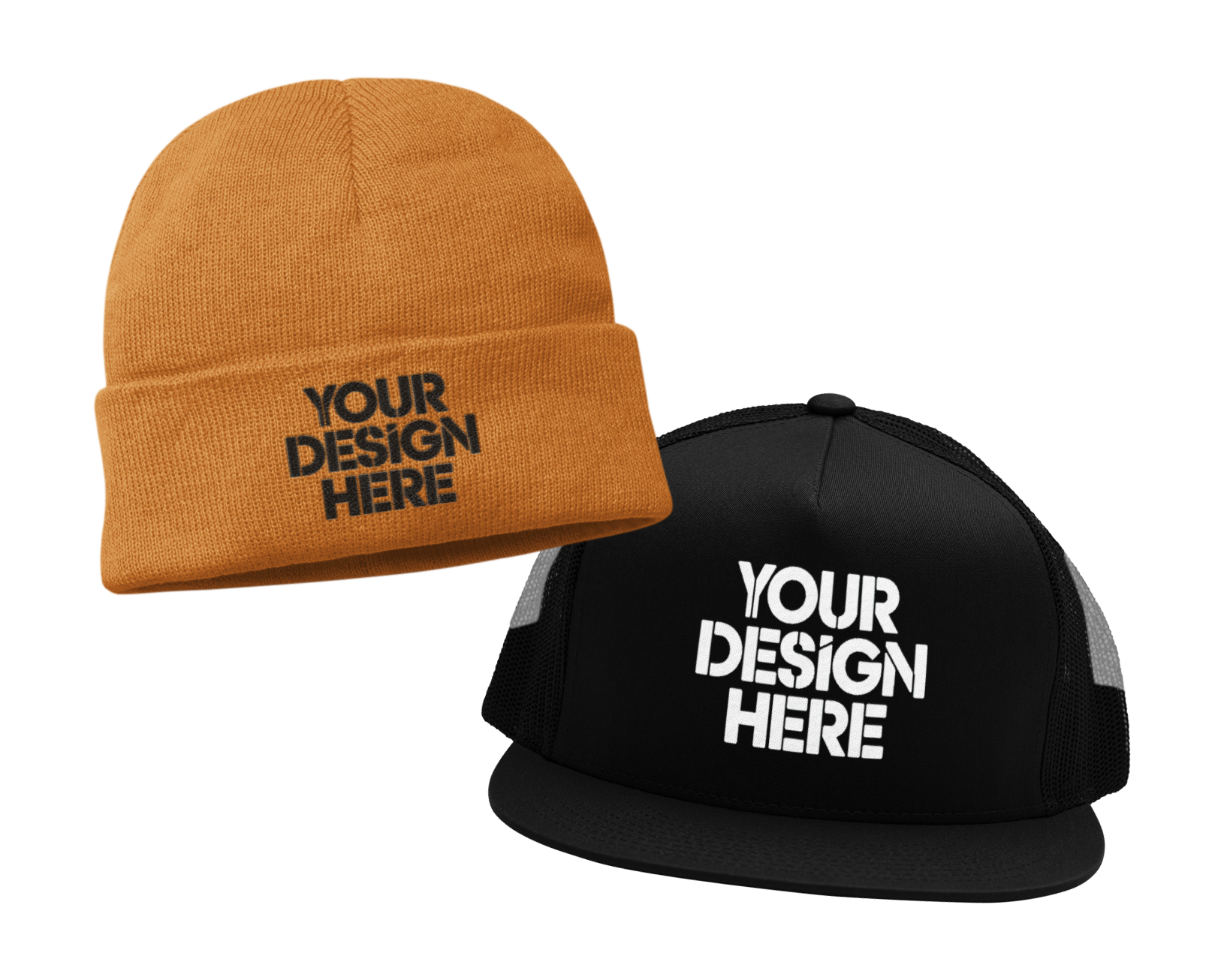 Two custom hats with a custom your design here print