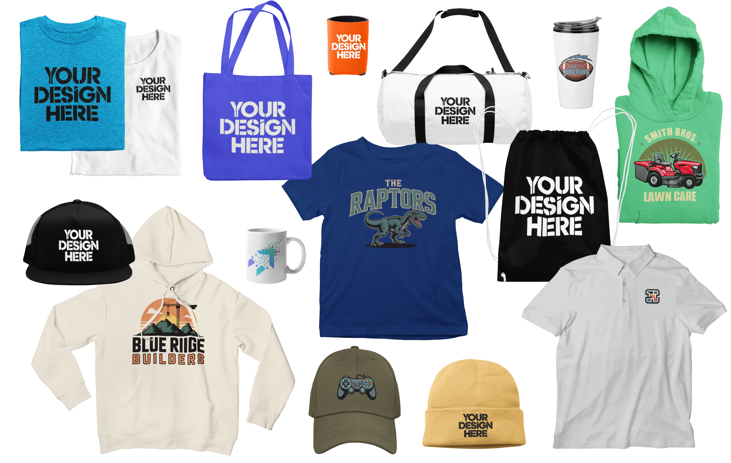 Custom apparel with a your design here logo added on.